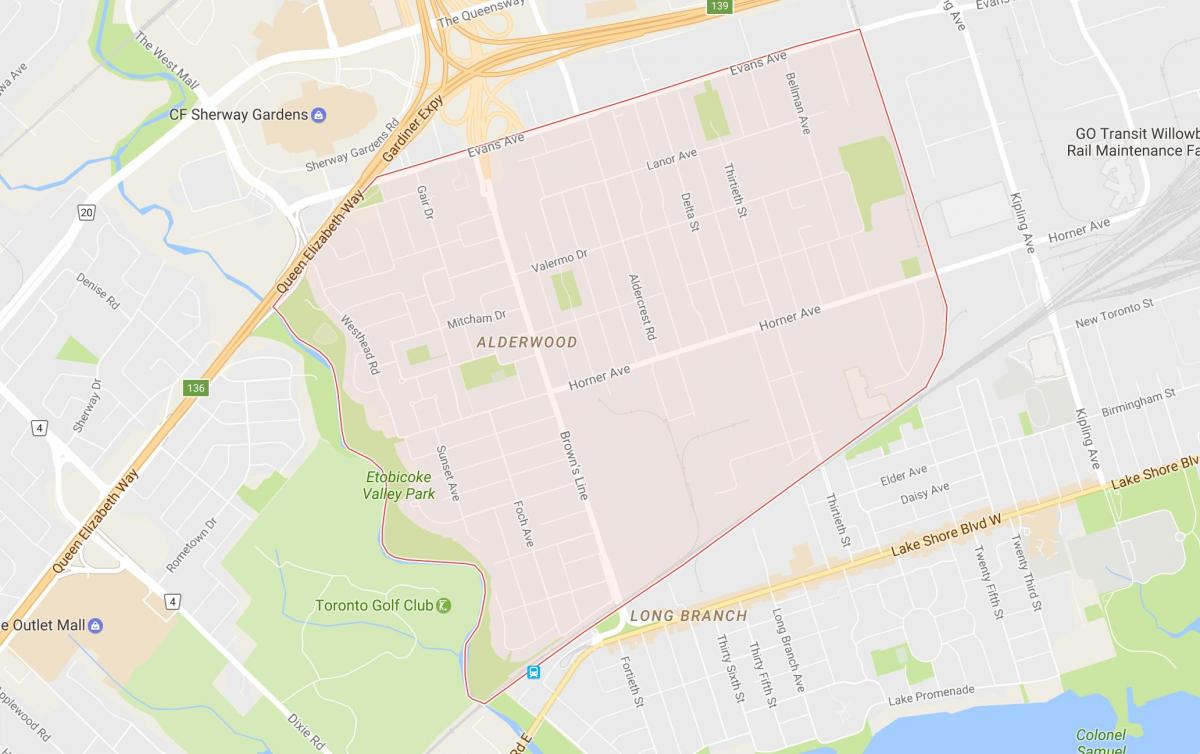 Karte Alderwood Parkview kaimiņattiecību Toronto