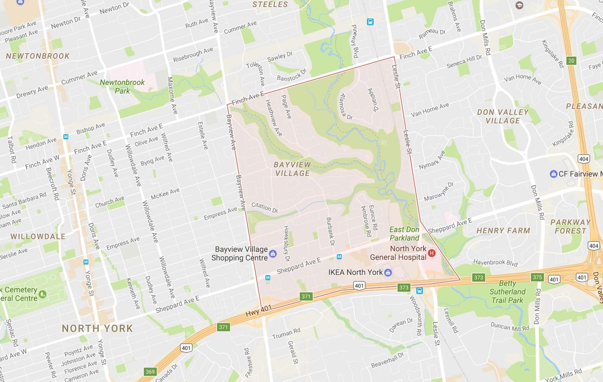 Karte Bayview Ciema apkaimē Toronto