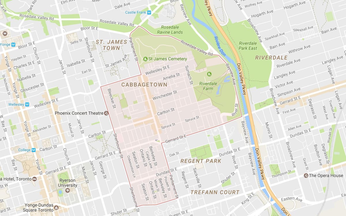 Karte Cabbagetown kaimiņattiecību Toronto