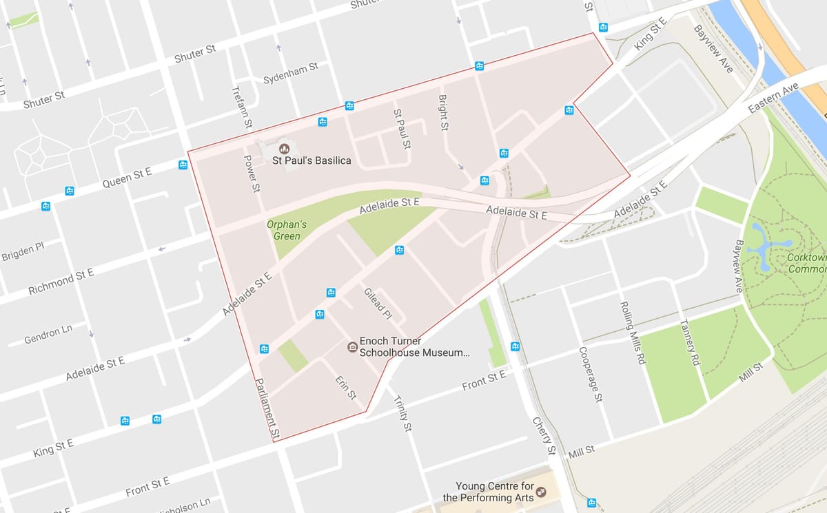 Karte Corktown kaimiņattiecību Toronto