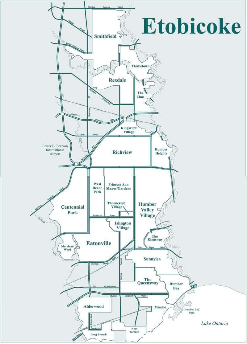Karte Etobicoke kaimiņattiecību Toronto