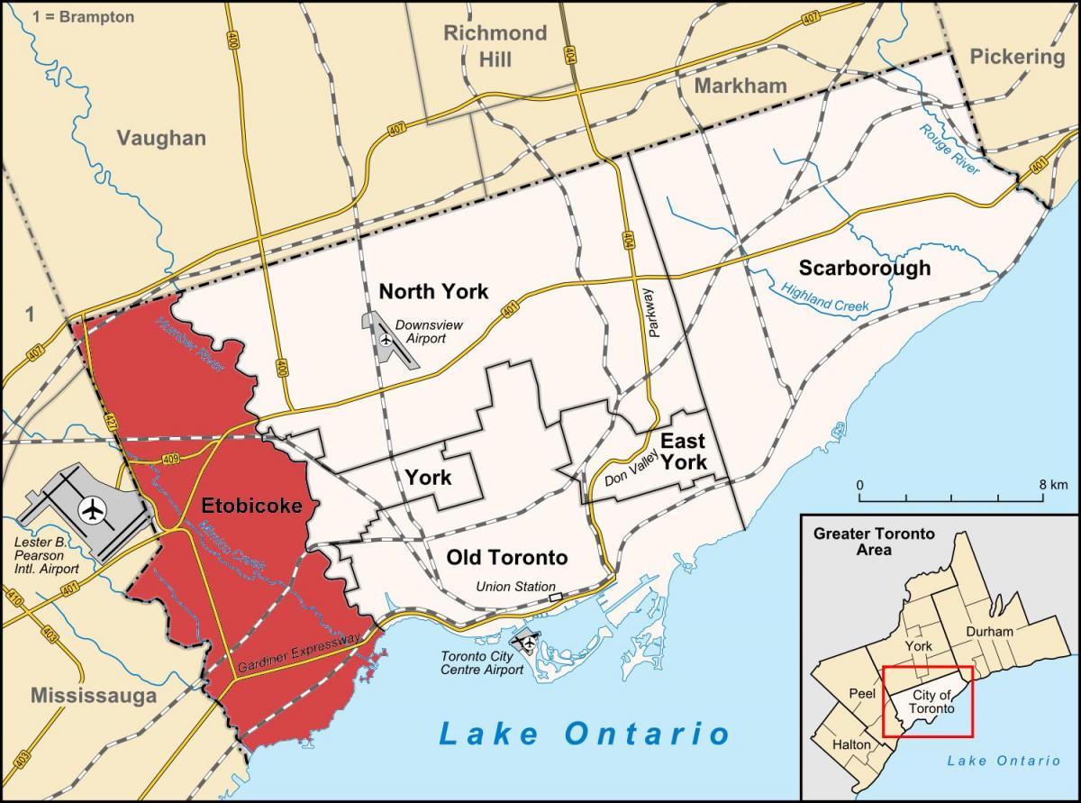 Karte Etobicoke rajona Toronto