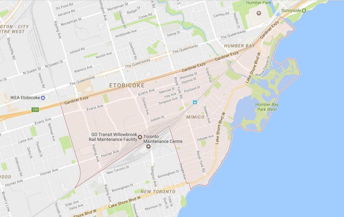 Karte Mimico kaimiņattiecību Toronto