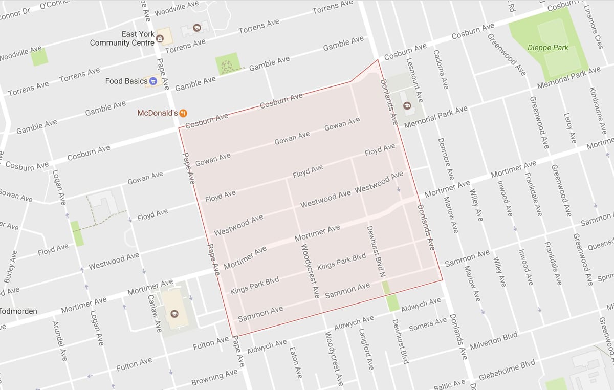 Karte Papes Ciema apkaimē Toronto