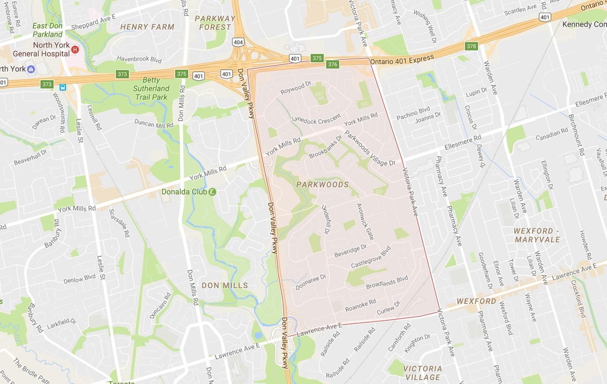 Karte Parkwoods kaimiņattiecību Toronto