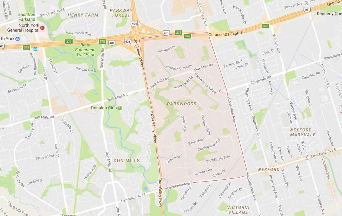 Karte Parkwoods kaimiņattiecību Toronto