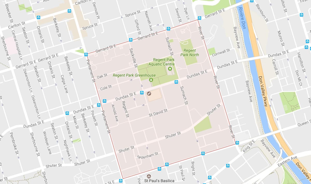 Karte Regent Park kaimiņattiecību Toronto