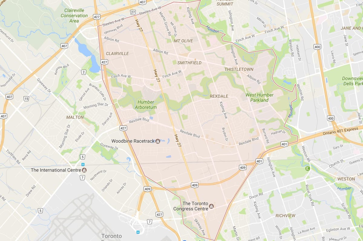 Karte Rexdale kaimiņattiecību Toronto