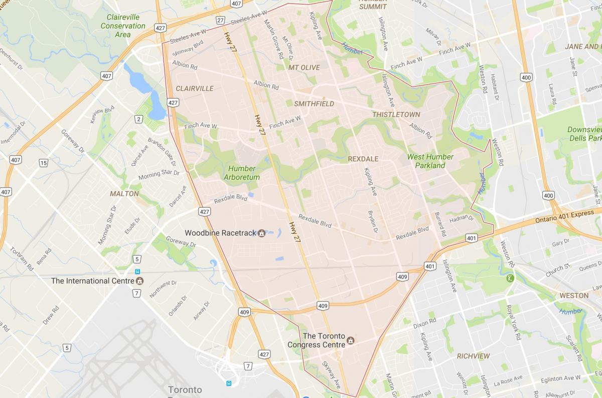 Karte Rexdale kaimiņattiecību Toronto