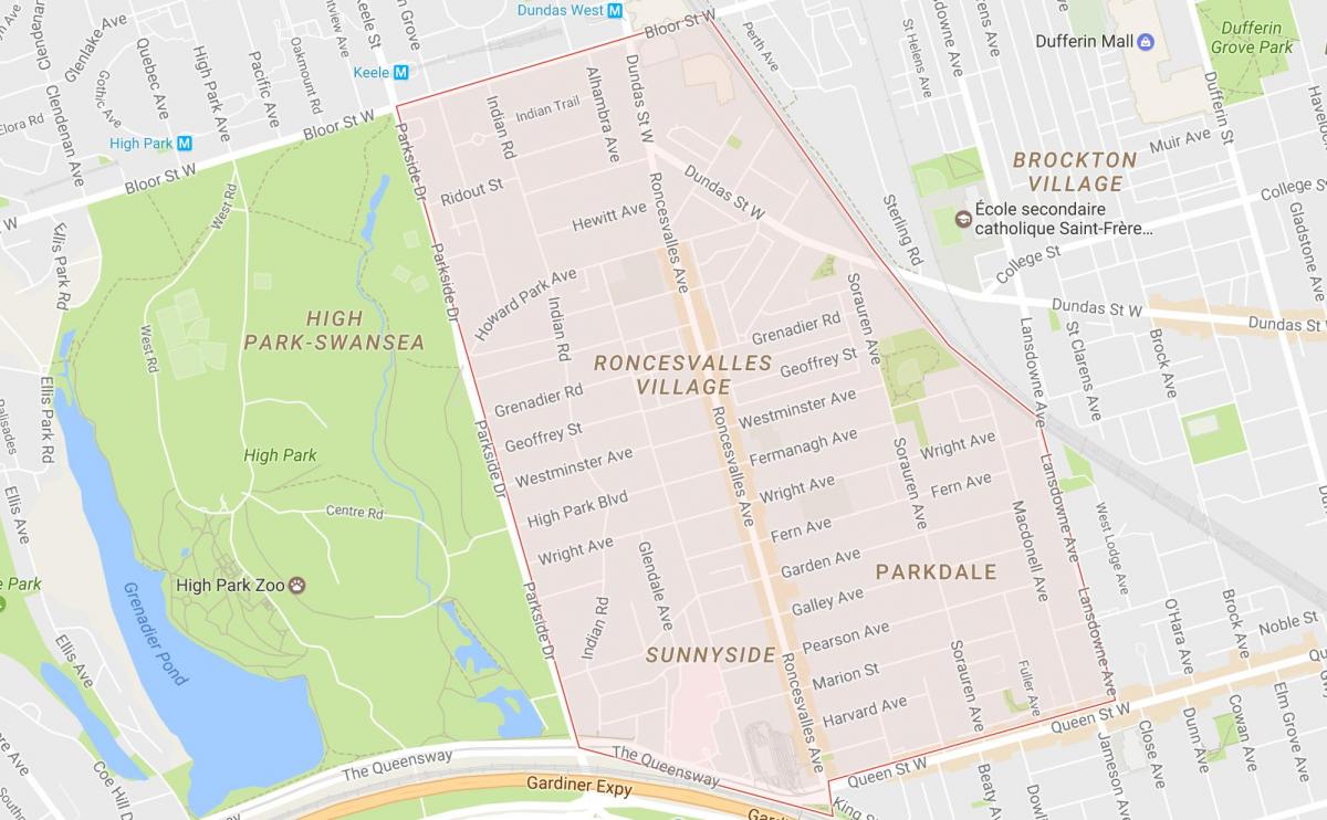 Karte Roncesvalles kaimiņattiecību Toronto