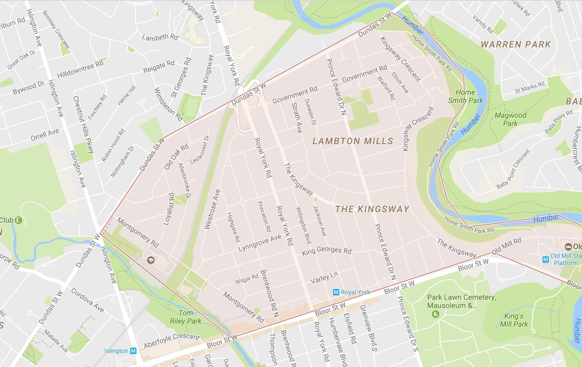 Karte Kingsway kaimiņattiecību Toronto