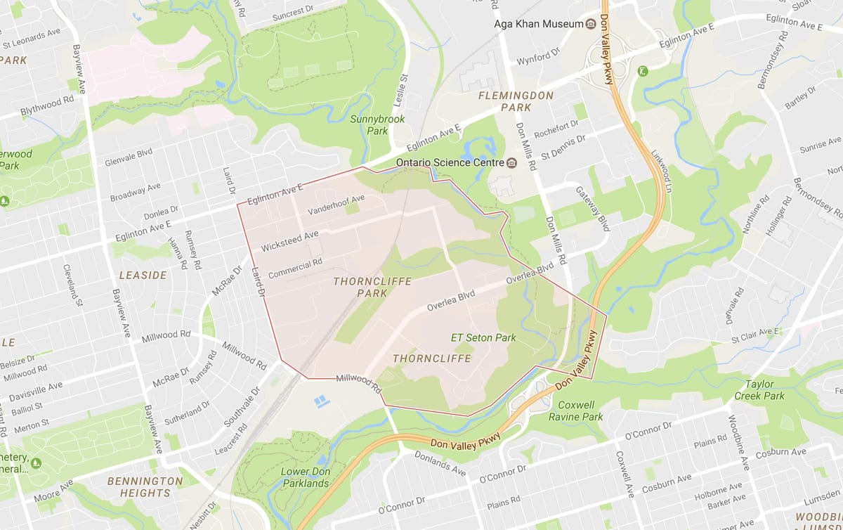 Karte Thorncliffe Park kaimiņattiecību Toronto