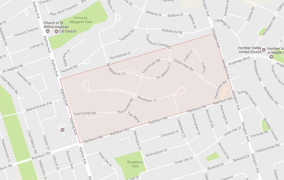 Karte Thorncrest Ciema apkaimē kaimiņattiecību Toronto