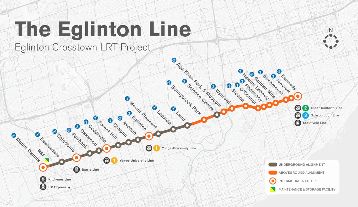 Karte Toronto metro Eglinton līnijas projekta