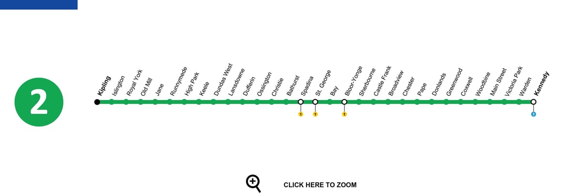 Karte Toronto metro līniju 2 Bloor-Danforth