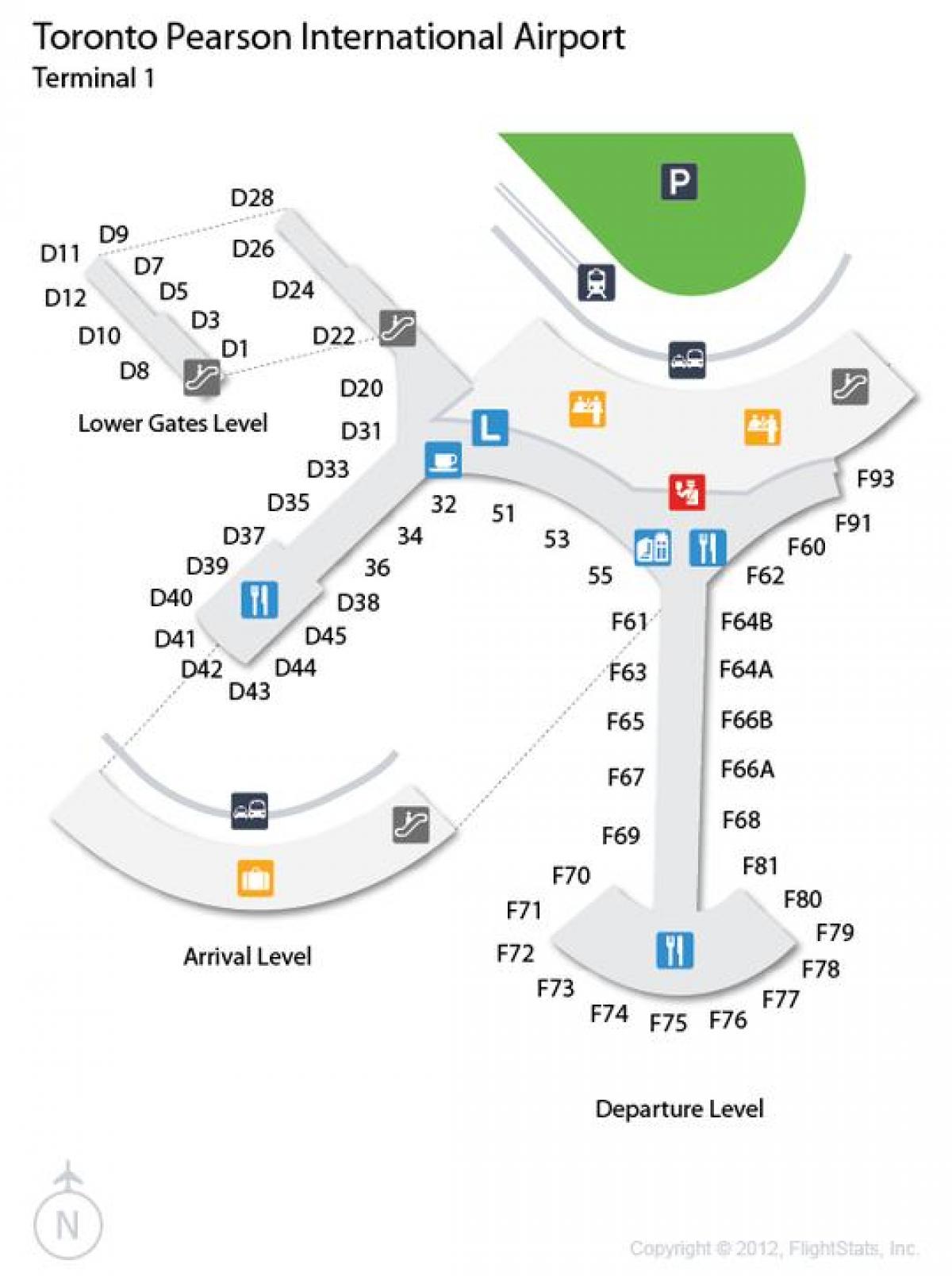 Karte Toronto Pearson lidostas ielidošanas un izlidošanas līmenis