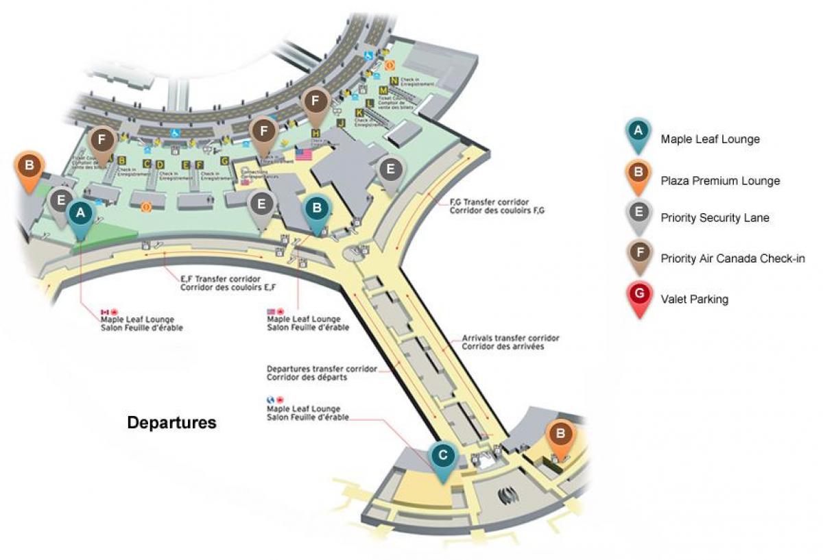 Karte Toronto Pearson starptautiskās lidostas izlidošanas terminālu
