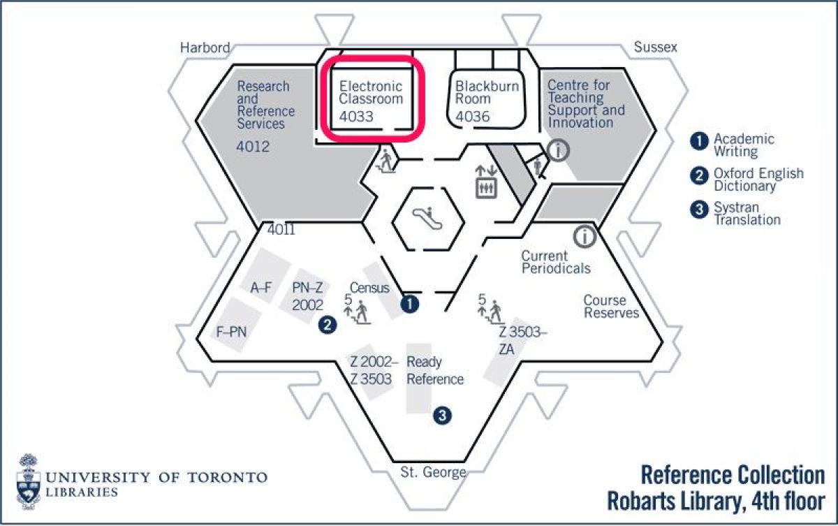Karte Toronto universitātes Robarts bibliotēkas elektronisko klasē