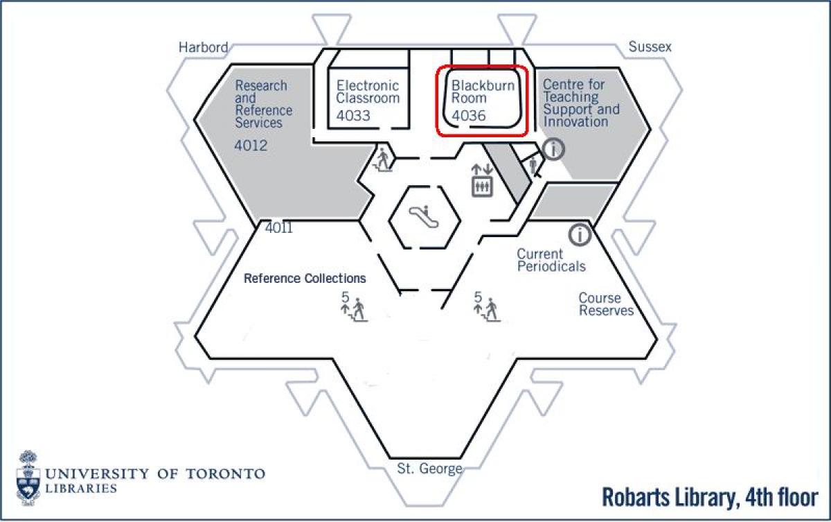 Karte Toronto universitātes Robarts bibliotēkā blackburn istaba
