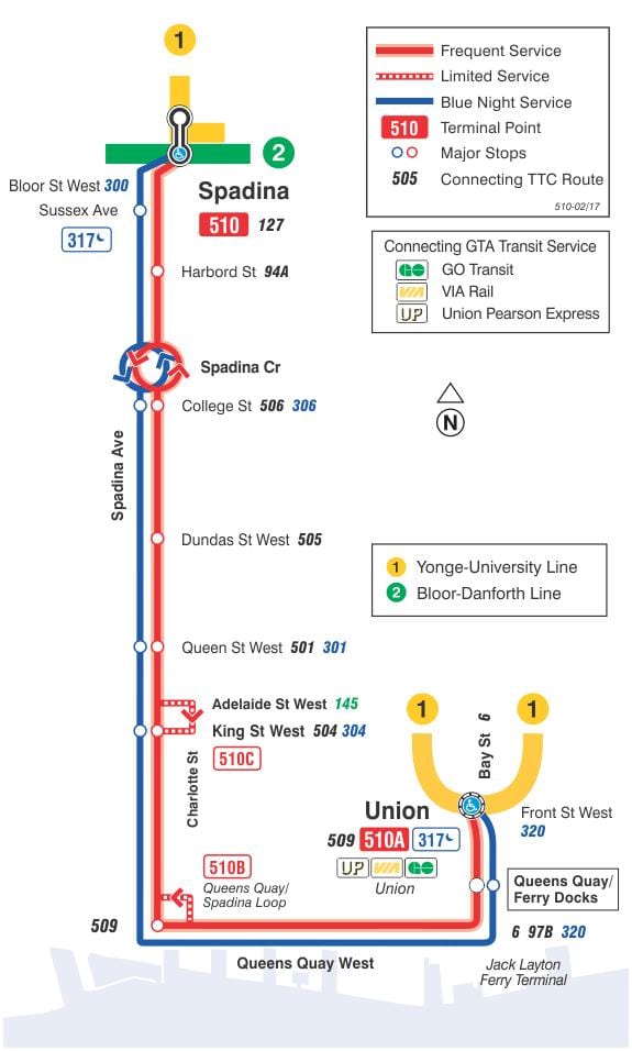 Karte tramvaju līnijas 510 Spadina