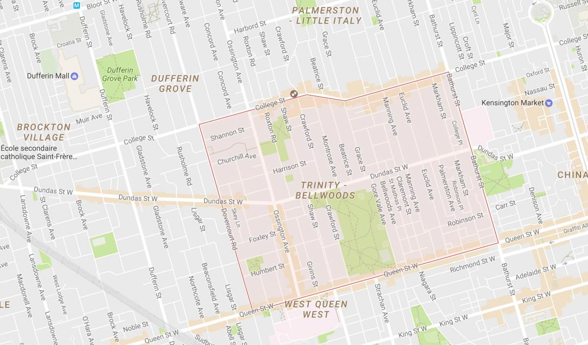 Karte Trīsvienības–Bellwoods kaimiņattiecību Toronto