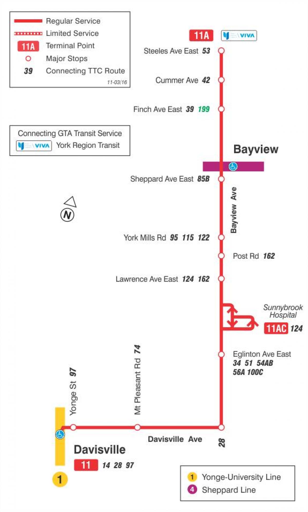 Karte TTC 11 Bayview autobusu maršrutā Toronto