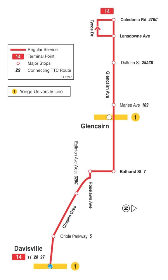 Karte TTC 14 Glencairn autobusu maršrutā Toronto
