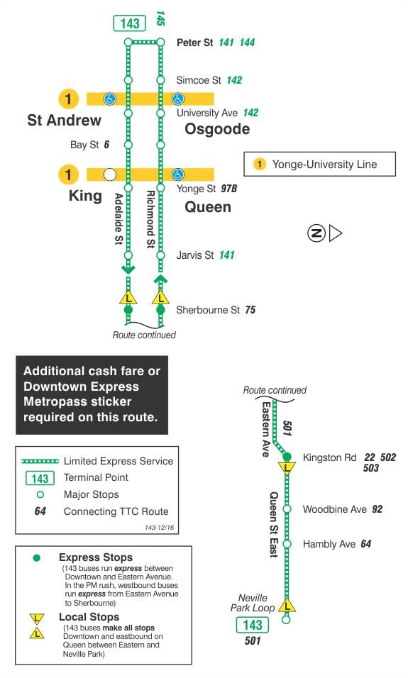 Karte TTC 143 Downtown / Beach Express autobusu maršrutā Toronto