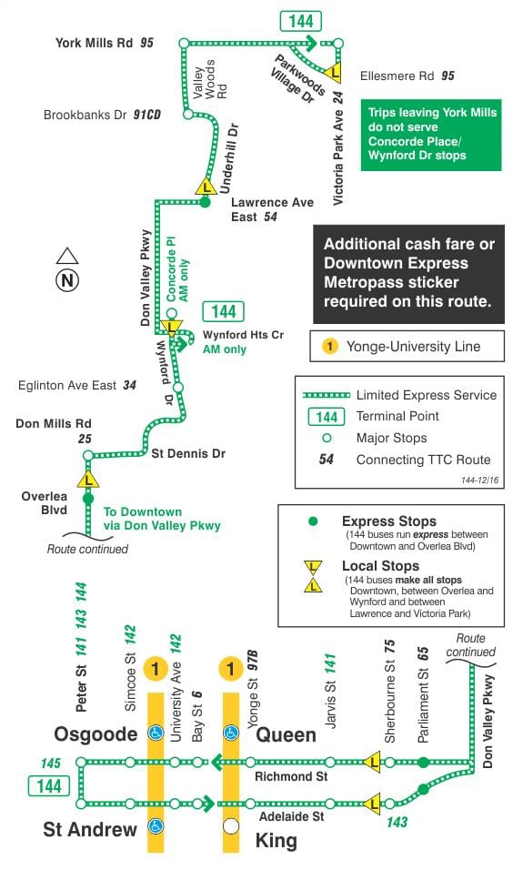 Karte TTC 144 Downtown / Don Valley Express autobusu maršrutā Toronto