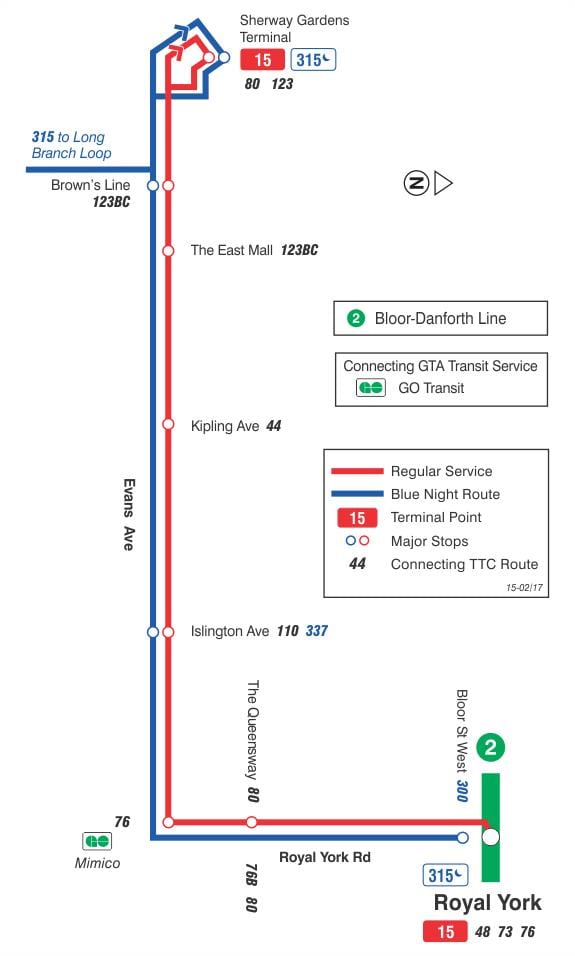 Karte TTC 15 Evans autobusu maršrutā Toronto