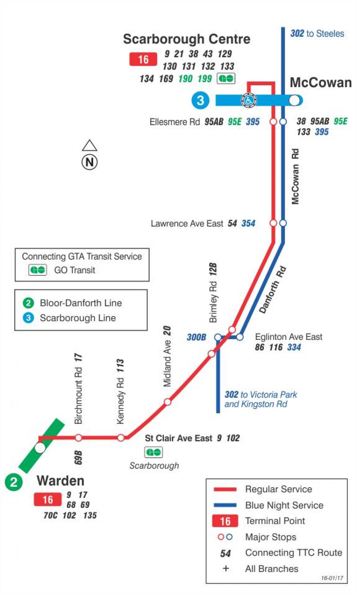 Karte TTC 16 McCowan autobusu maršrutā Toronto