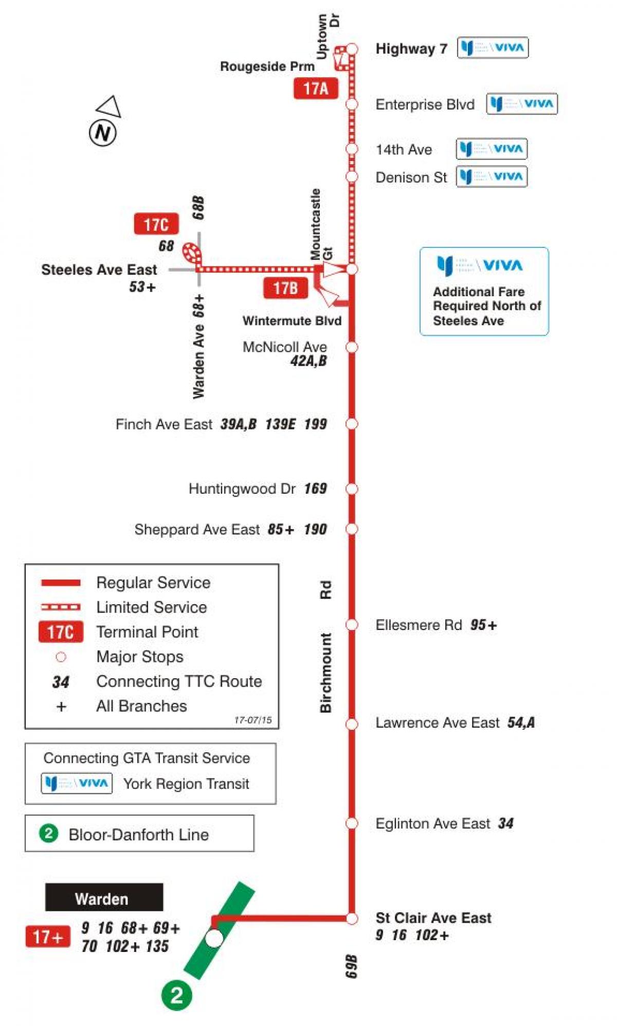 Karte TTC 17 Birchmount autobusu maršrutā Toronto