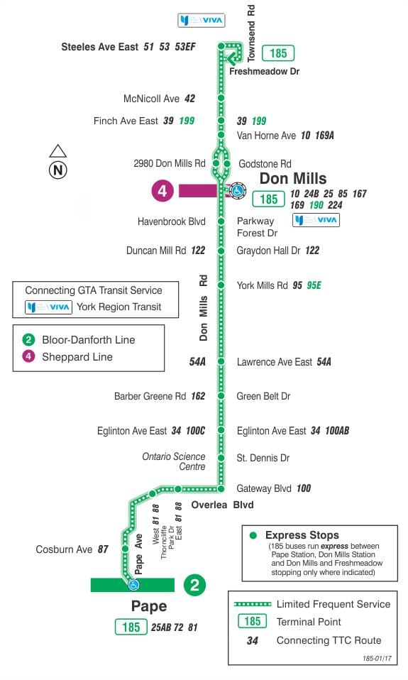 Karte TTC 185 Don Mills Raķešu autobusu maršrutā Toronto