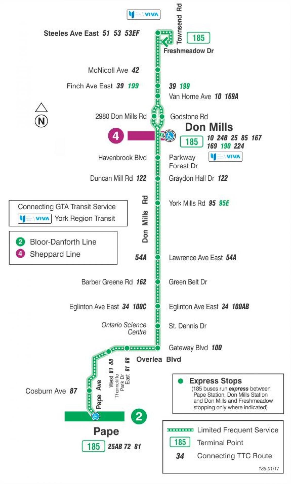 Karte TTC 185 Don Mills Raķešu autobusu maršrutā Toronto