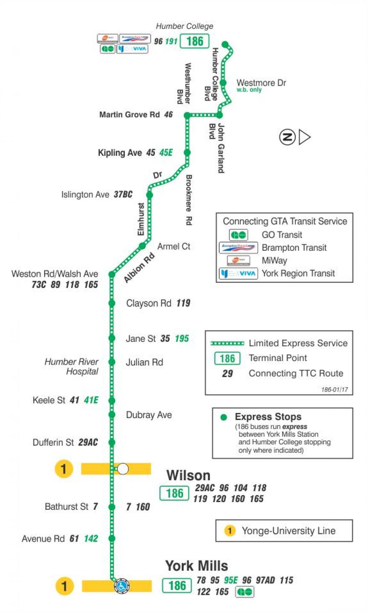 Karte TTC 186 Wilson Raķešu autobusu maršrutā Toronto
