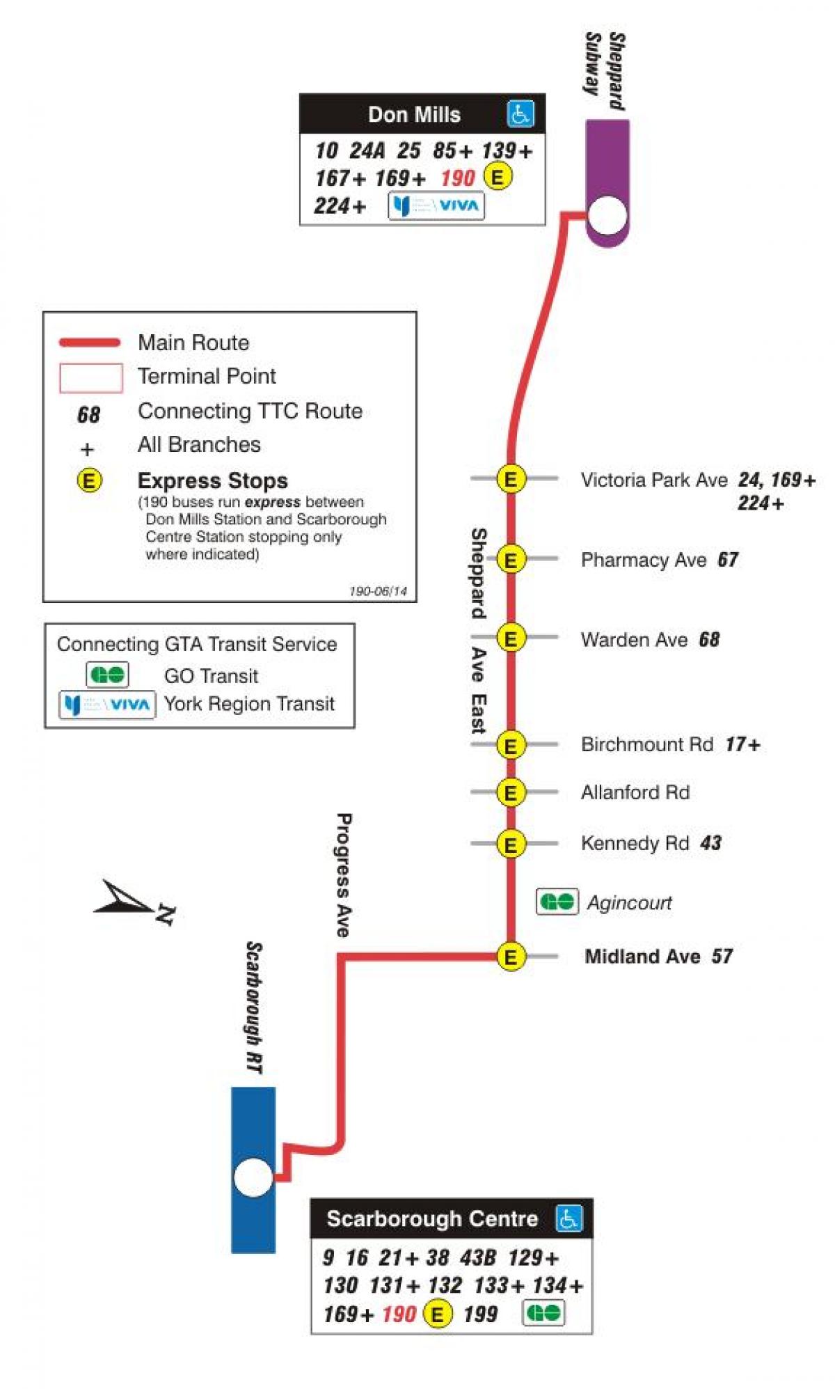 Karte TTC 190 Scarborough Centre Raķešu autobusu maršrutā Toronto