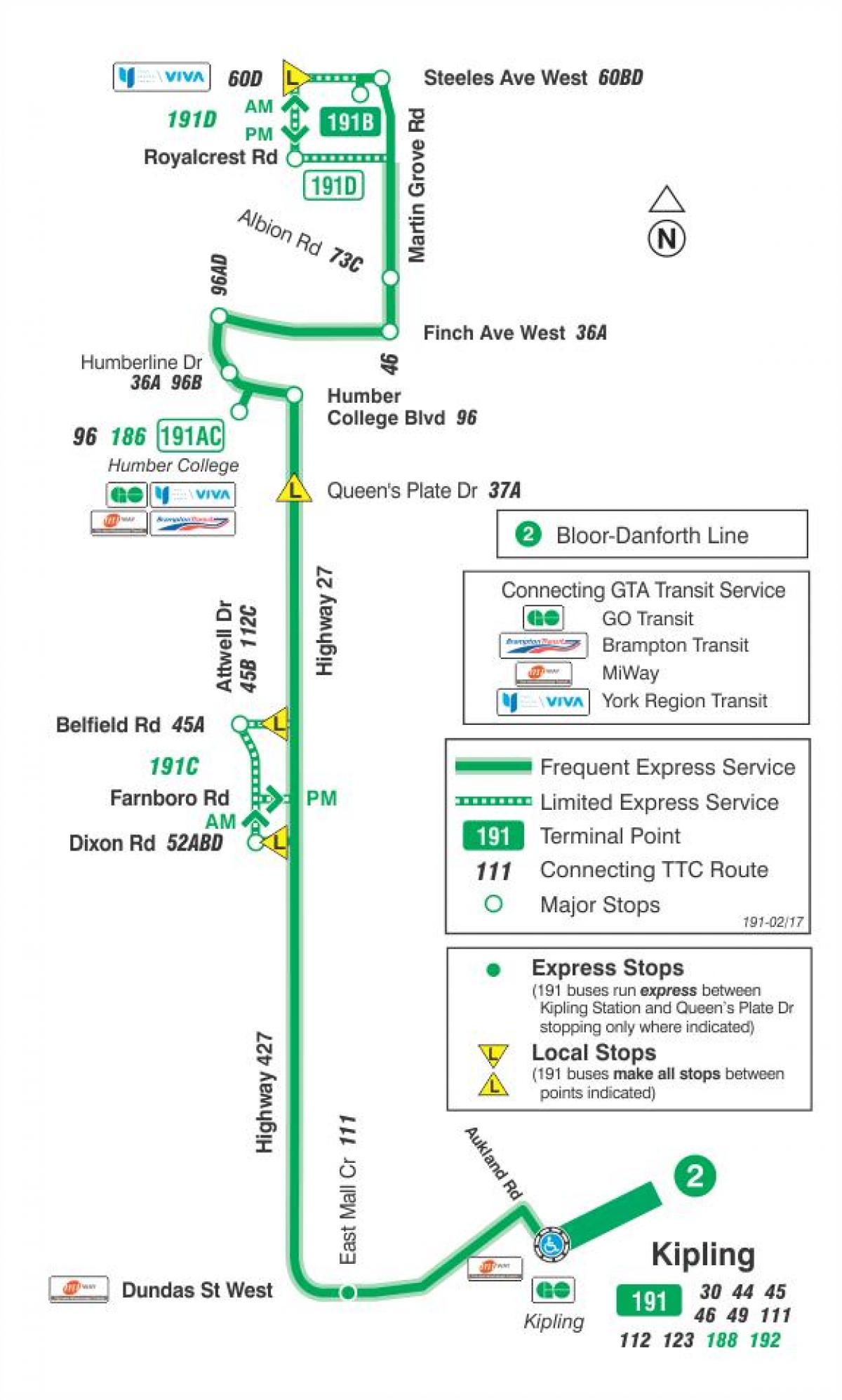 Karte TTC 191 Highway 27 Raķešu autobusu maršrutā Toronto