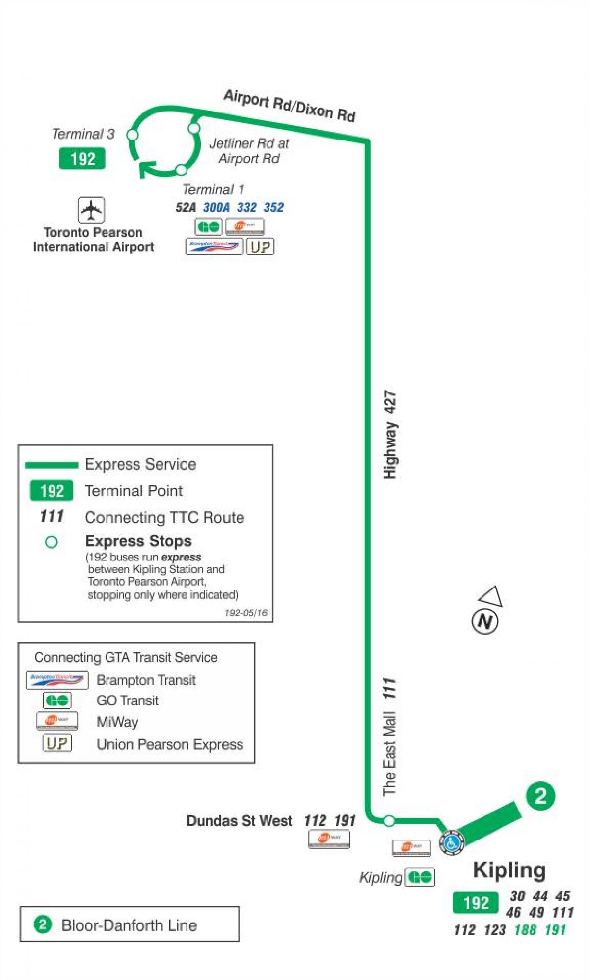 Karte TTC 192 Lidostas Raķešu autobusu maršrutā Toronto
