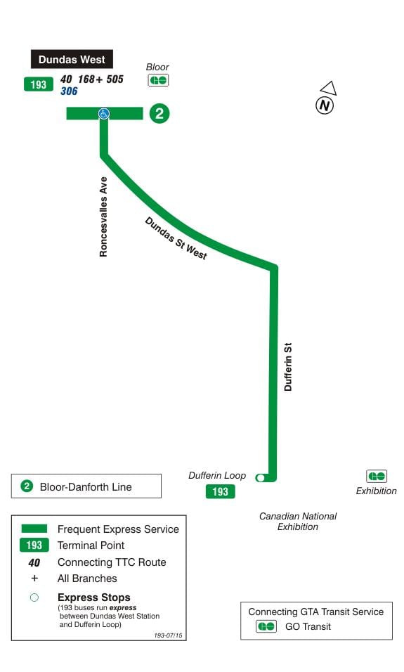Karte TTC 193 Izstāde Raķešu autobusu maršrutā Toronto