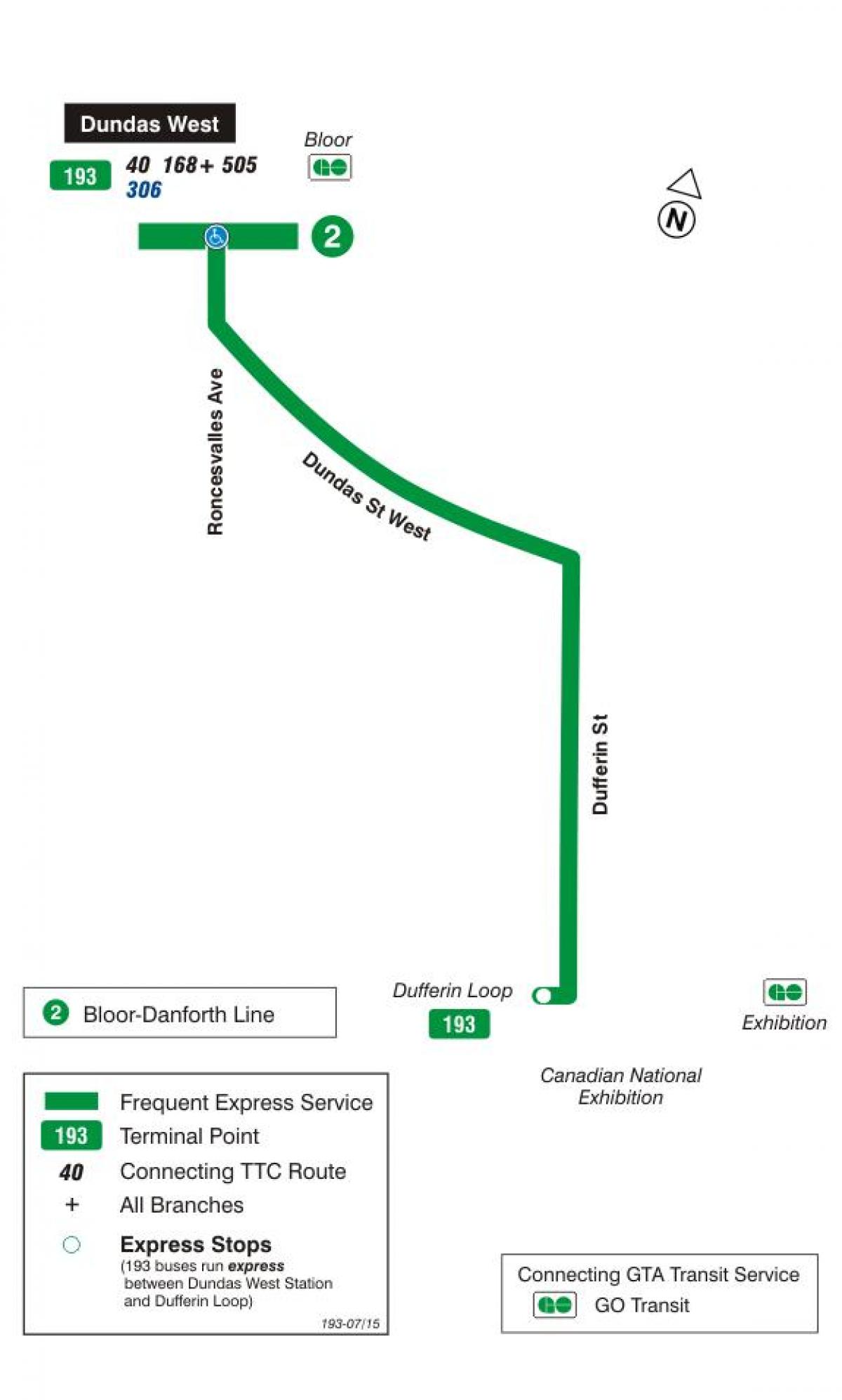 Karte TTC 193 Izstāde Raķešu autobusu maršrutā Toronto