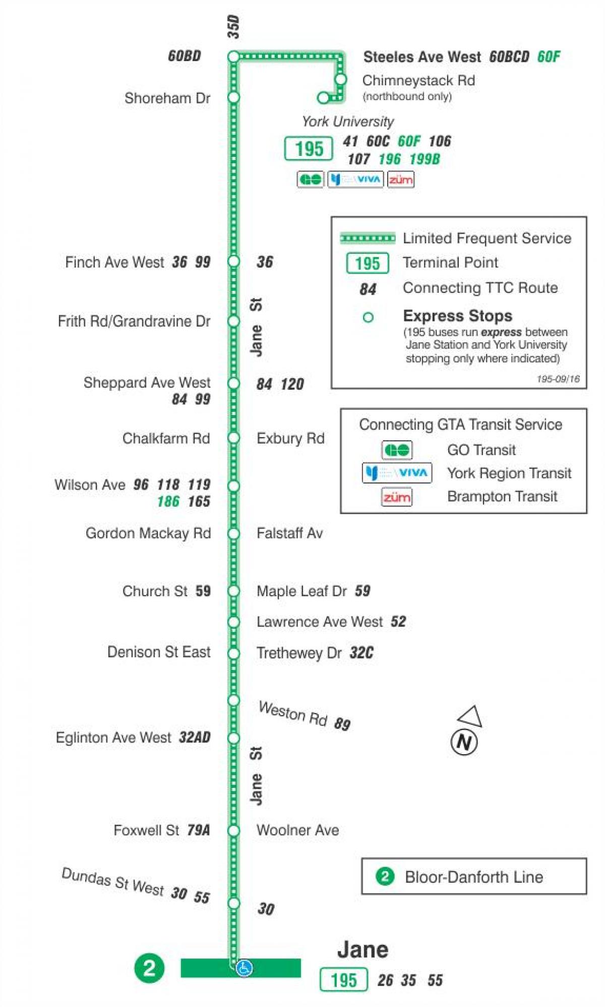 Karte TTC 195 Jane Raķešu autobusu maršrutā Toronto