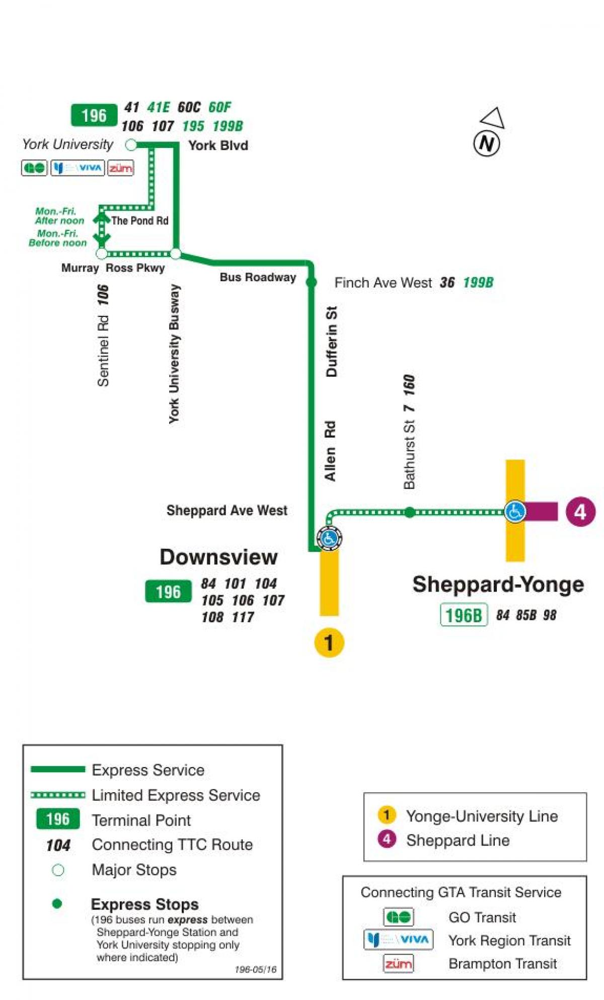 Karte TTC 196 York University, Raķešu autobusu maršrutā Toronto