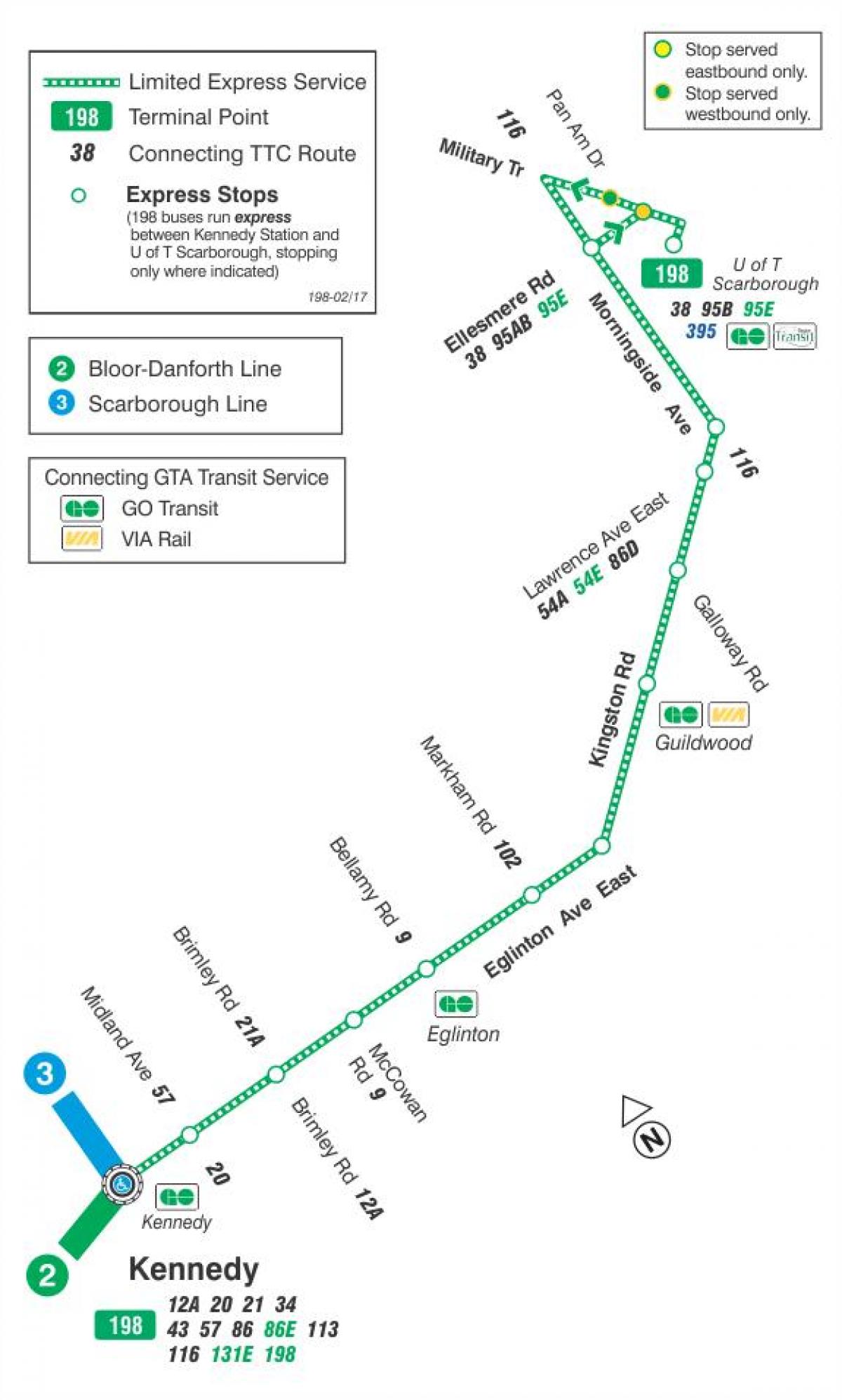 Karte TTC 198 U T Scarborough Raķešu autobusu maršrutā Toronto