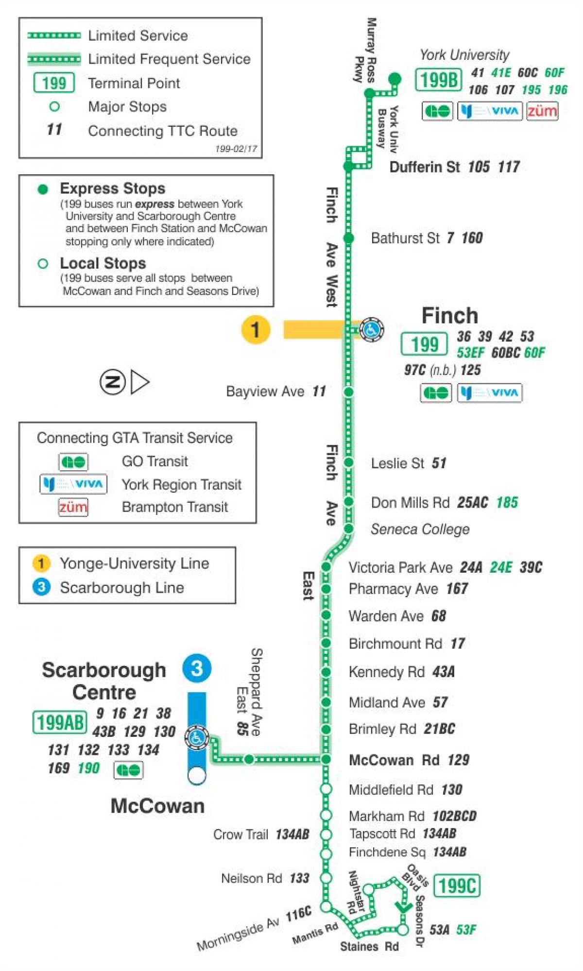 Karte TTC 199 Žubīte Raķešu autobusu maršrutā Toronto