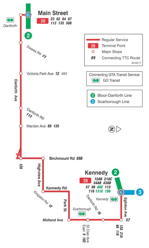 Karte TTC 20 Cliffside autobusu maršrutā Toronto