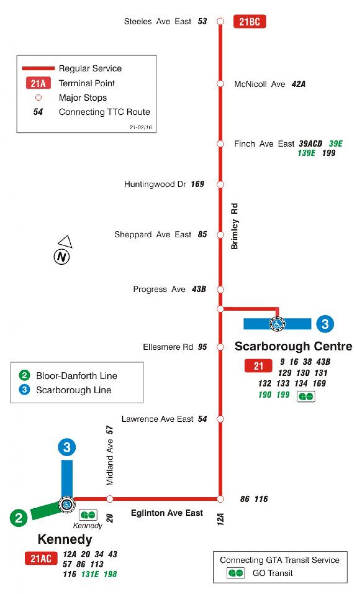 Karte TTC 21 Brimley autobusu maršrutā Toronto