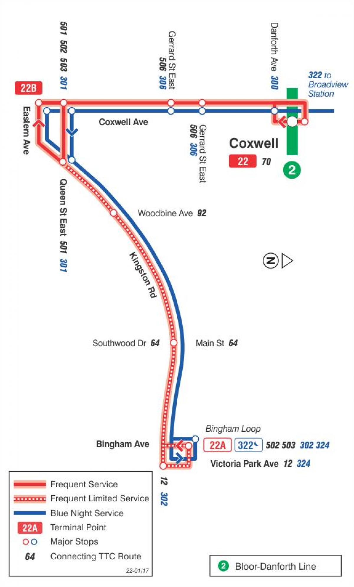 Karte TTC 22 Coxwell autobusu maršrutā Toronto