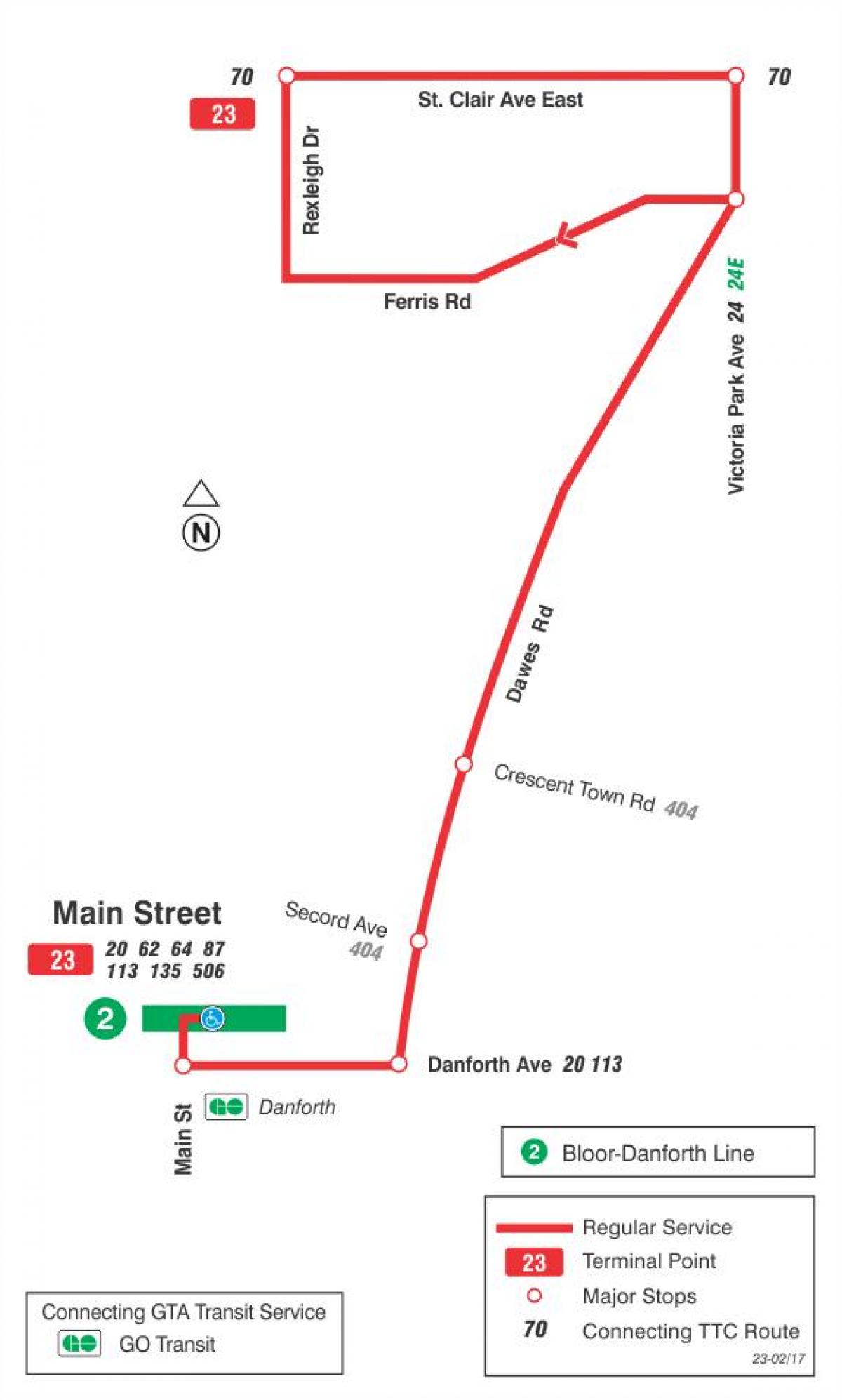 Karte TTC 23 Dawes autobusu maršrutā Toronto
