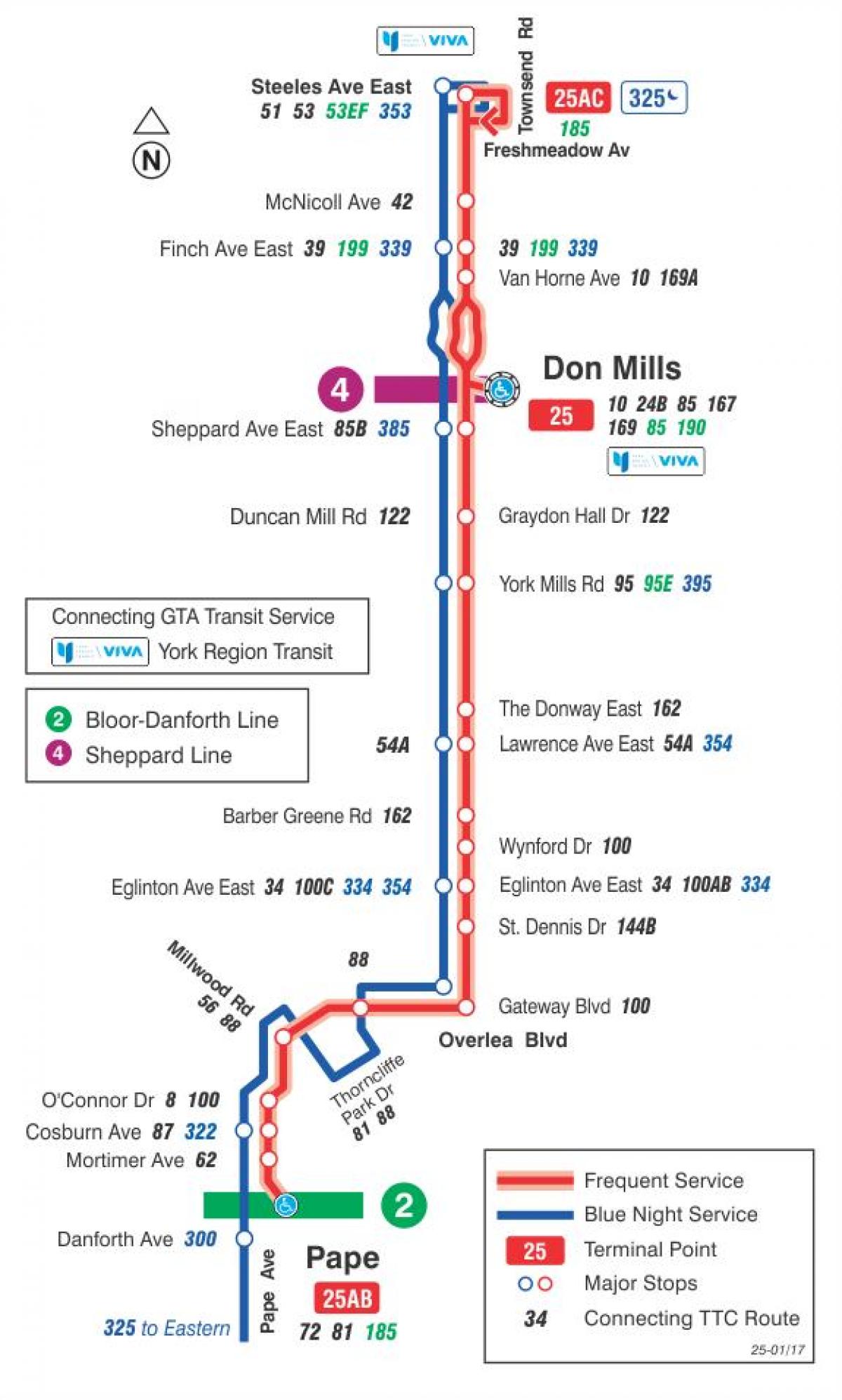 Karte TTC 25 Don Mills autobusu maršrutā Toronto