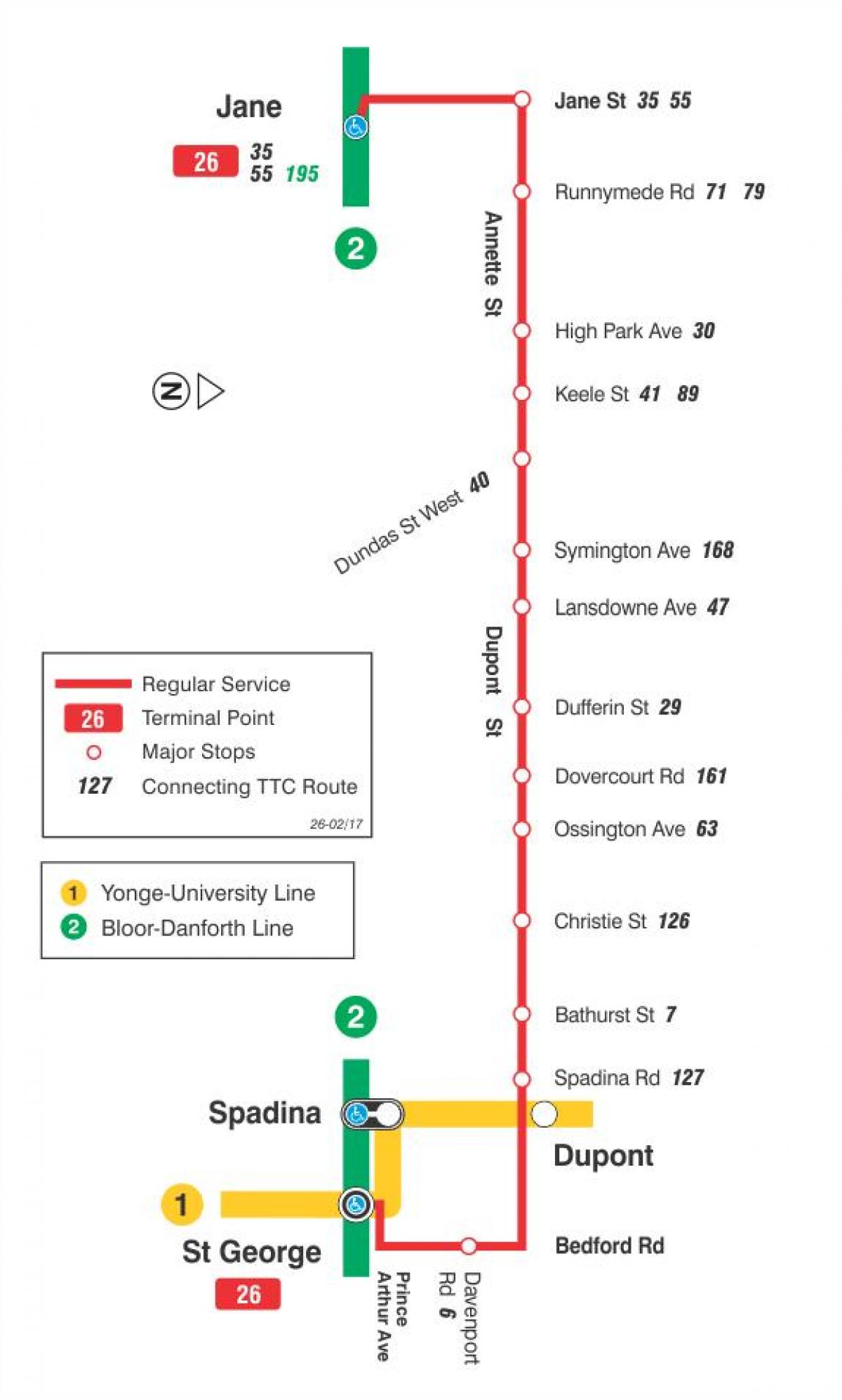 Karte TTC 26 Dupont autobusu maršrutā Toronto
